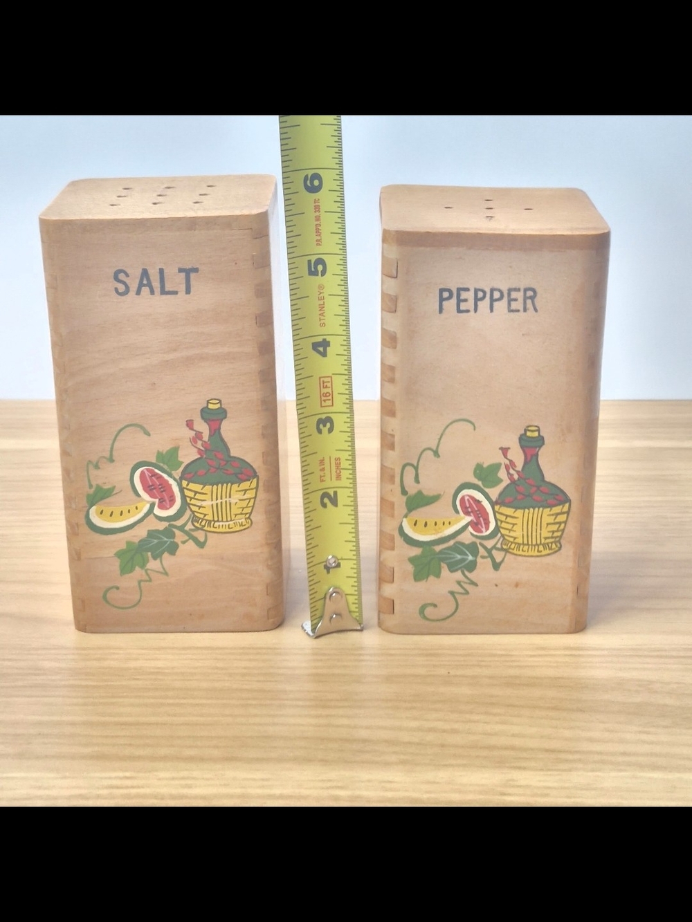 Vintage Mid-Century Modern Wooden Salt and Pepper Shakers Fruit Bottle Motif